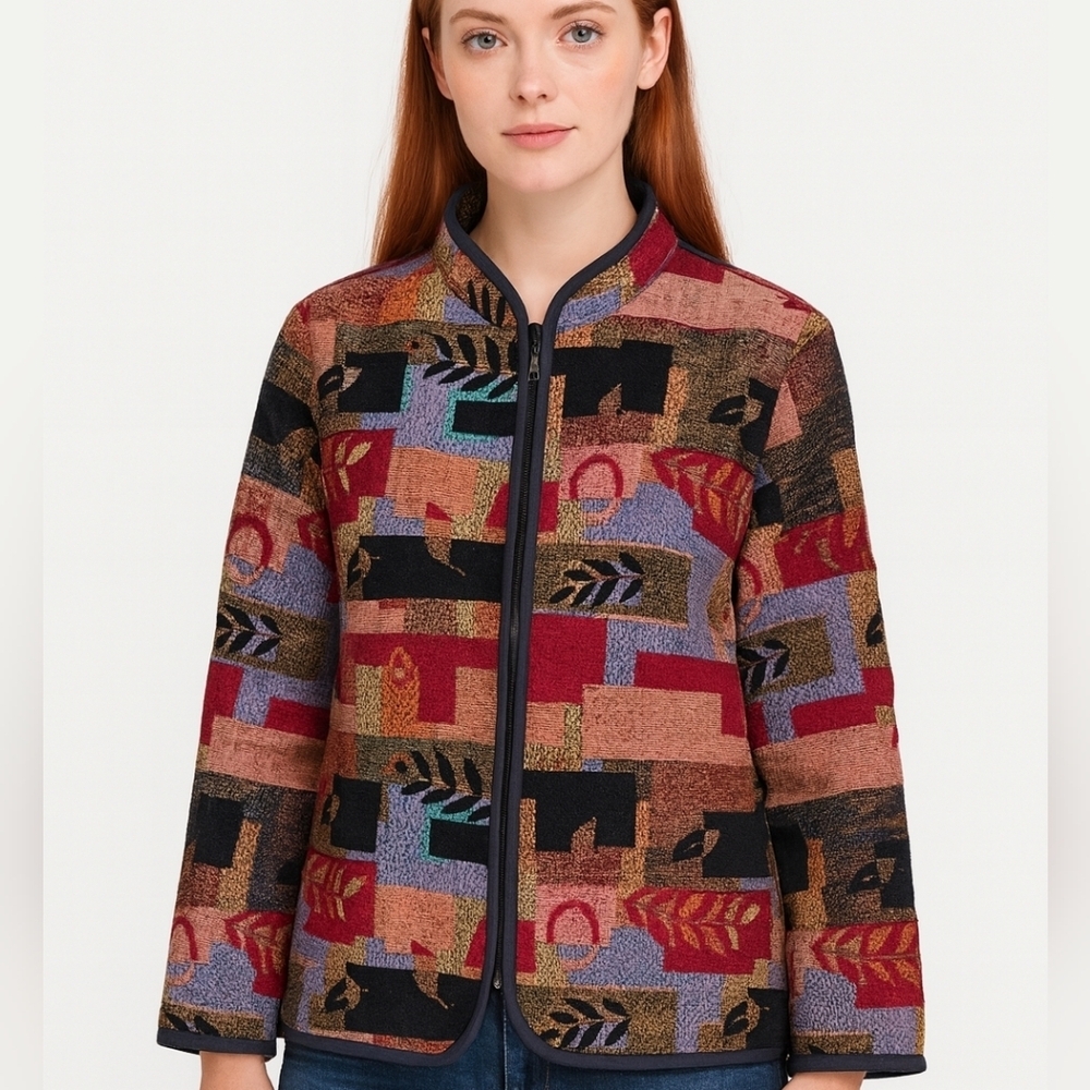 Traditions Artisan Jacket Colorful Tapestry Zip Front Coat Boho Patterned Size 8
